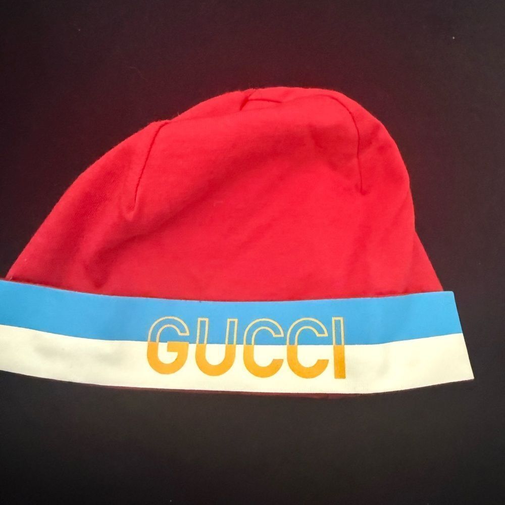 Brand new Gucci Kids Red Beanie with Blue and White Trim with box